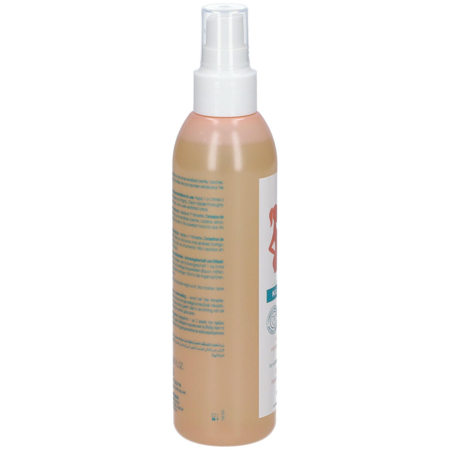 Dos du flacon d'huile Klorane. Informations textuelles, dont ingrédients et fabricant. Indication de volume: 200 ml.