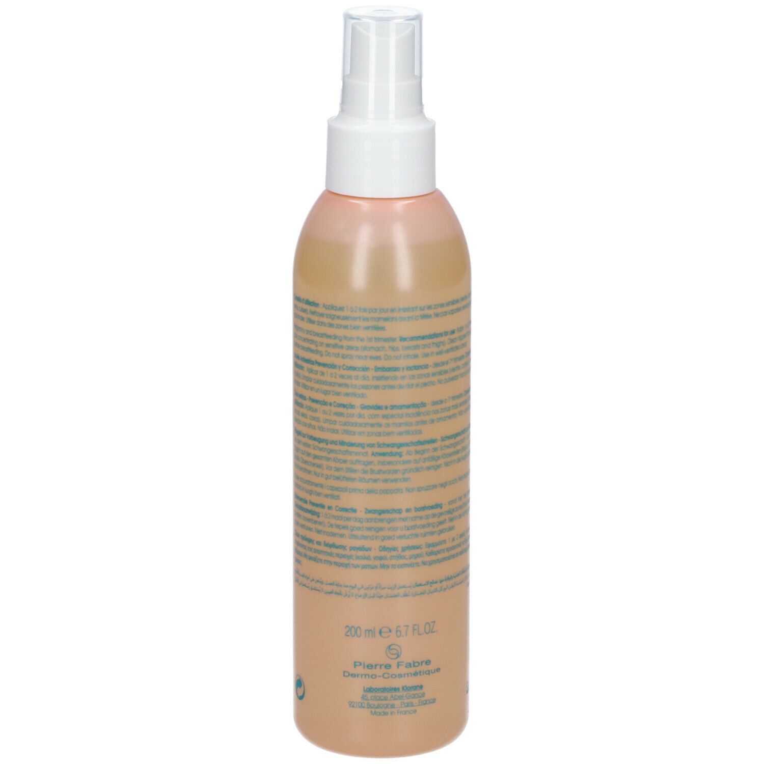 Dos du flacon d'huile Klorane. Informations textuelles, dont ingrédients et fabricant. Indication de volume: 200 ml.