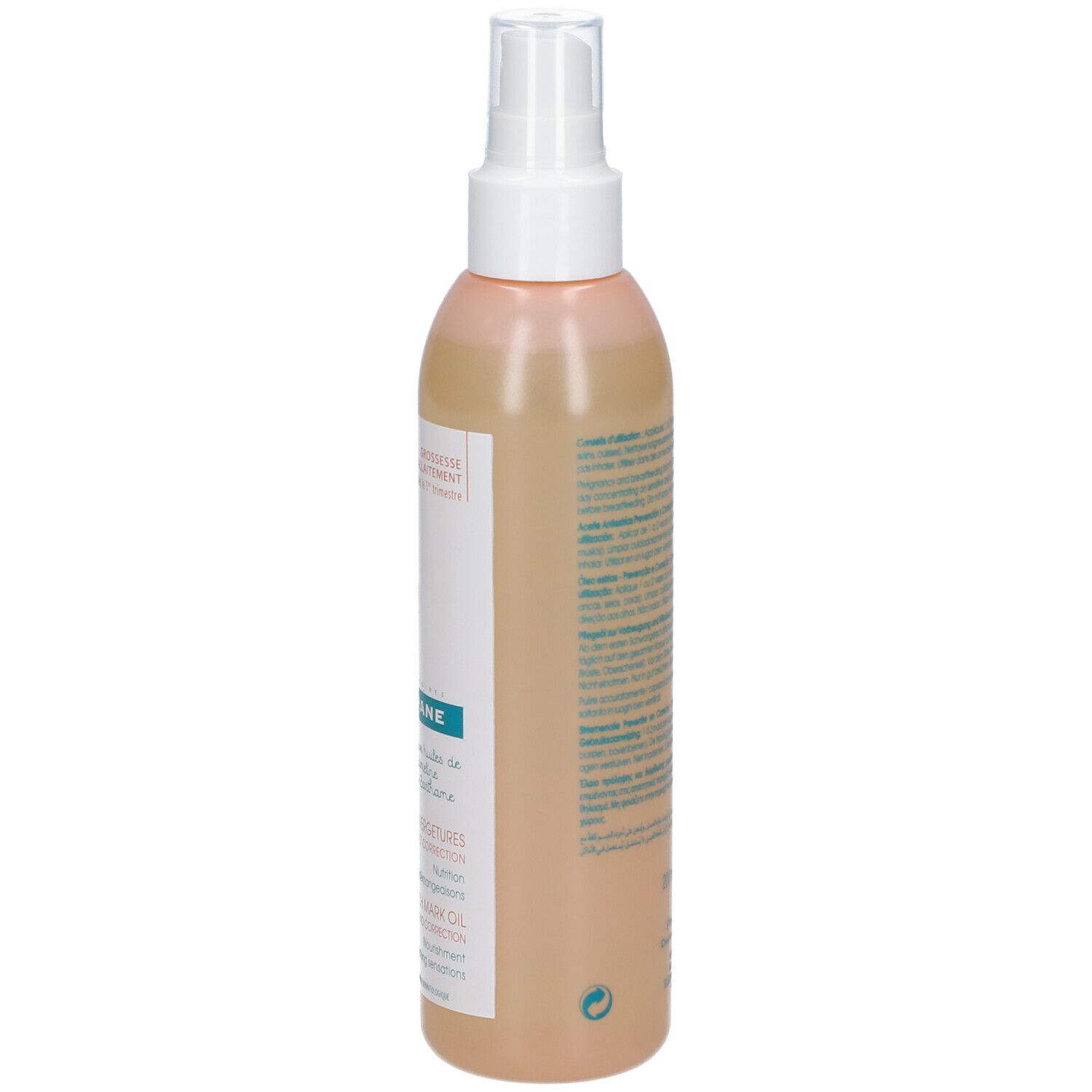 Flacon d'huile Klorane avec vaporisateur. Inscription: Grossesse et allaitement. Logo femme enceinte. Nom du produit et informations.