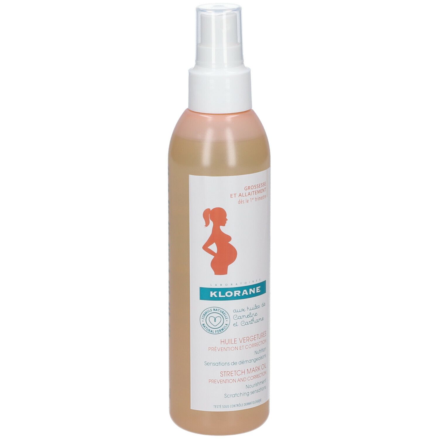 Flacon d'huile Klorane avec vaporisateur. Inscription: Grossesse et allaitement. Logo femme enceinte. Nom du produit et informations.