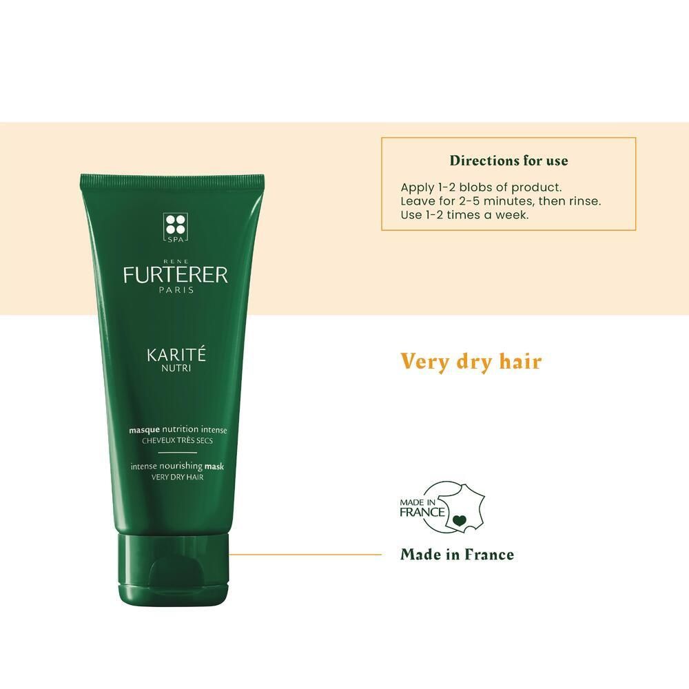 Grüne Tube und Text. René Furterer KARITÉ NUTRI Maske. Anwendungshinweise und Herkunft.