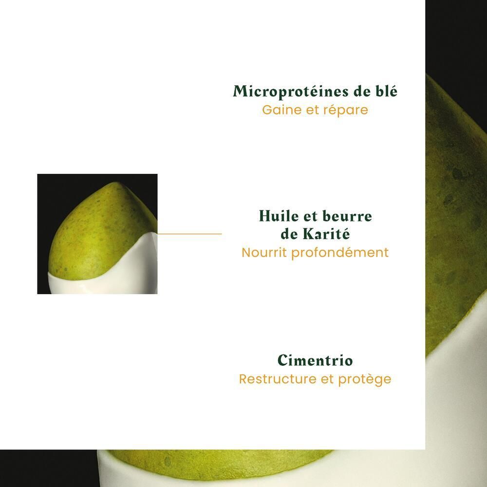 Grafik mit Inhaltsstoffen. Weizen-Mikroproteine, Karité-Öl und -Butter, Cimentrio.