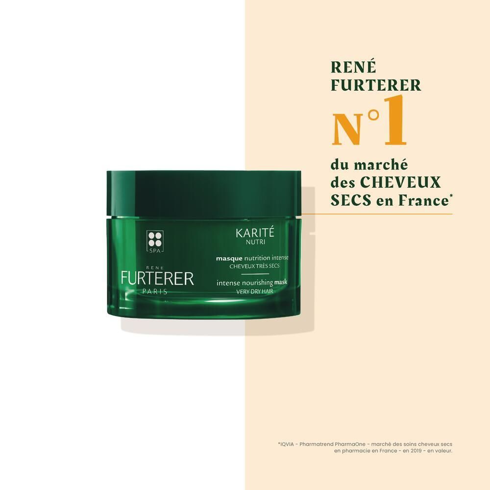 Grüner Tiegel mit weißer Schrift. René Furterer KARITÉ NUTRI Maske. Nr. 1 Markt trockene Haare.