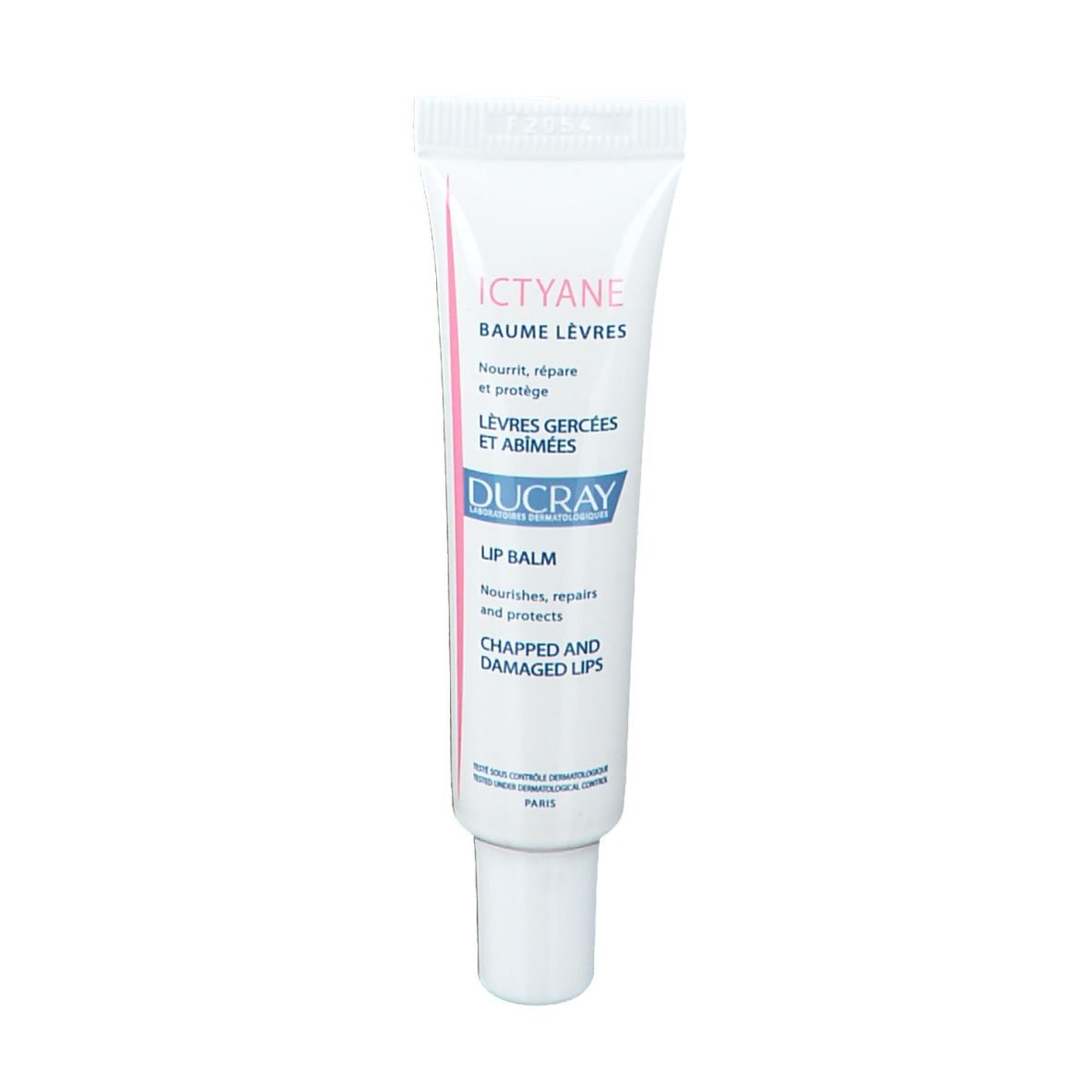 Tube blanc ICTYANE Baume Lèvres. Texte: Nourrit, répare et protège. Logo DUCRAY. 15ml.