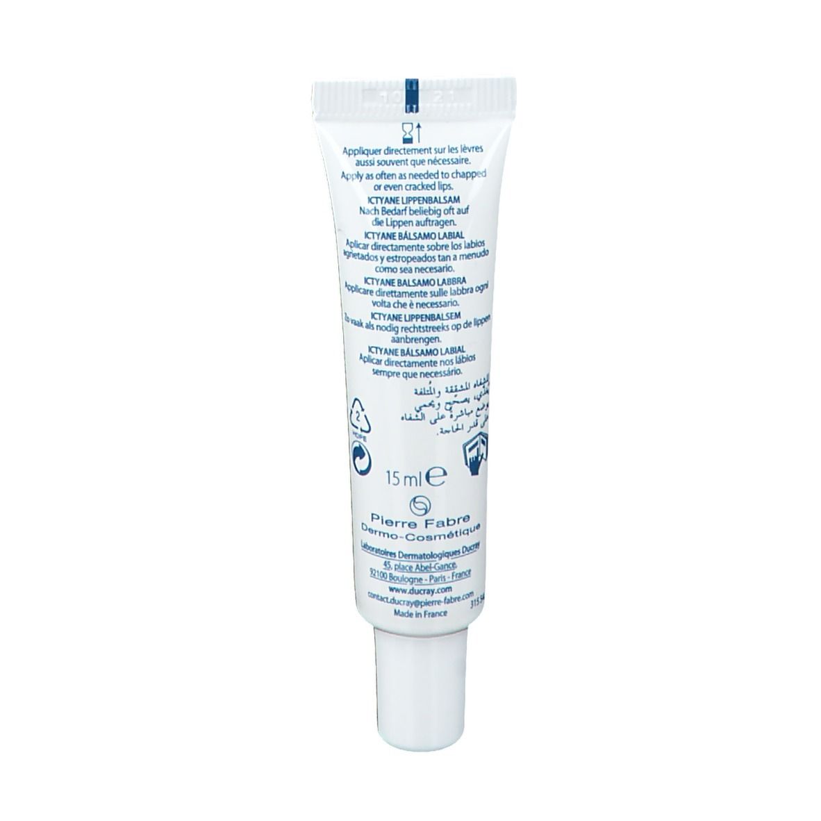 Dos du tube ICTYANE Baume Lèvres. Texte multilingue. 15ml. Logo Pierre Fabre.