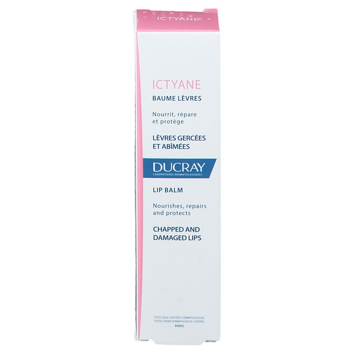 Emballage ICTYANE Baume Lèvres. Texte: Nourrit, répare et protège. Logo DUCRAY. 15ml.