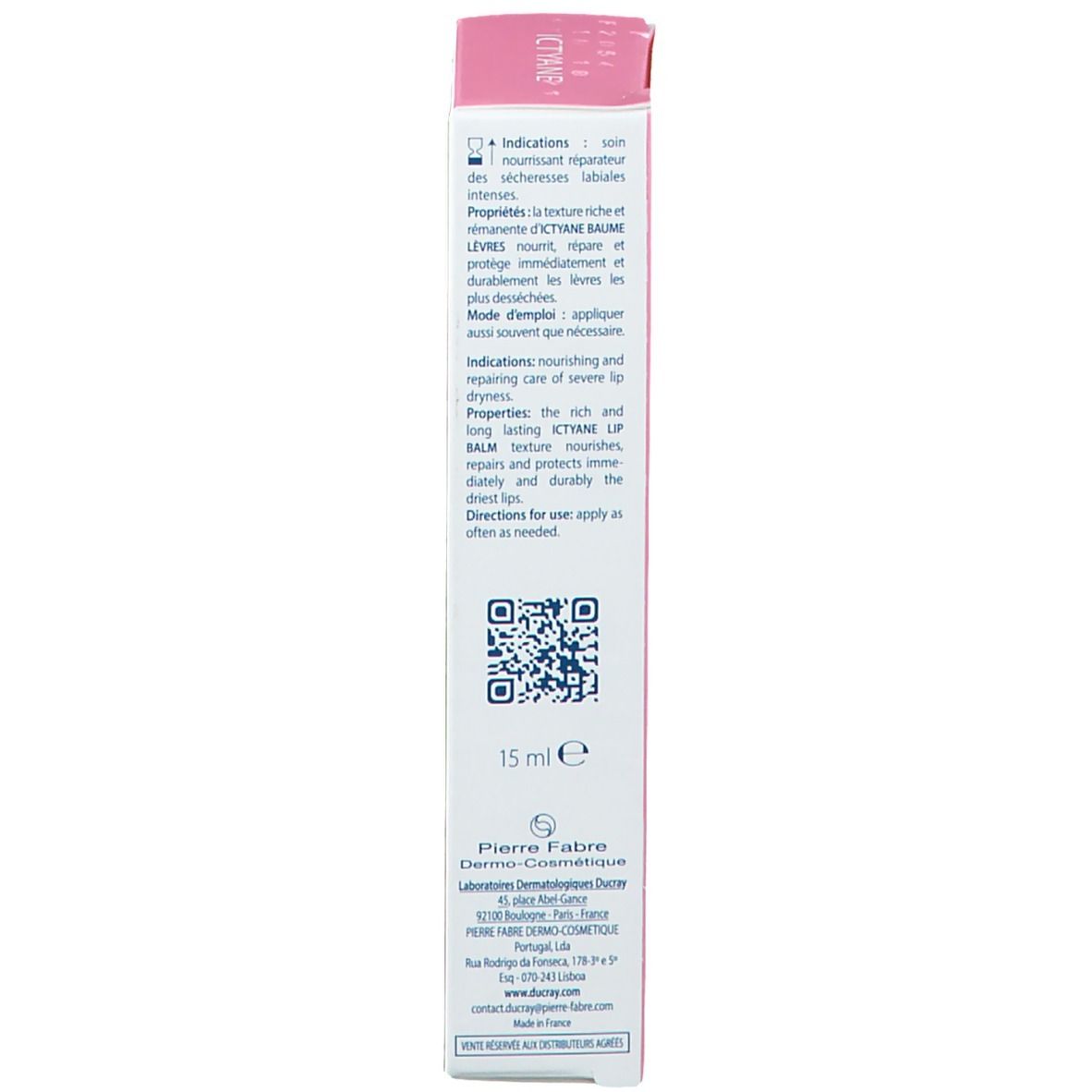 Dos de l'emballage ICTYANE Baume Lèvres. Texte et QR code. 15ml. Logo Pierre Fabre.