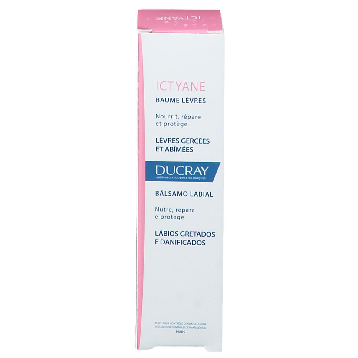 Emballage ICTYANE Baume Lèvres. Texte multilingue. Logo DUCRAY.