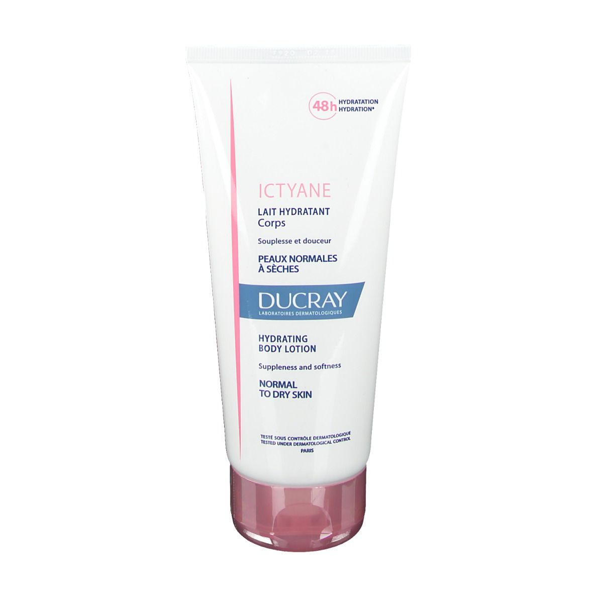 Tube blanc avec bouchon rose. Inscription : Ictyane, Lait Hydratant Corps, Peaux normales à sèches, Ducray. 48h Hydratation.