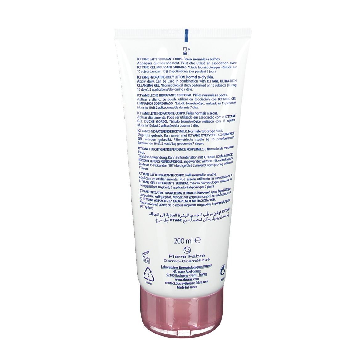 Dos du tube blanc. Texte multilingue. 200 ml. Fabricant : Pierre Fabre. Symbole de recyclage.
