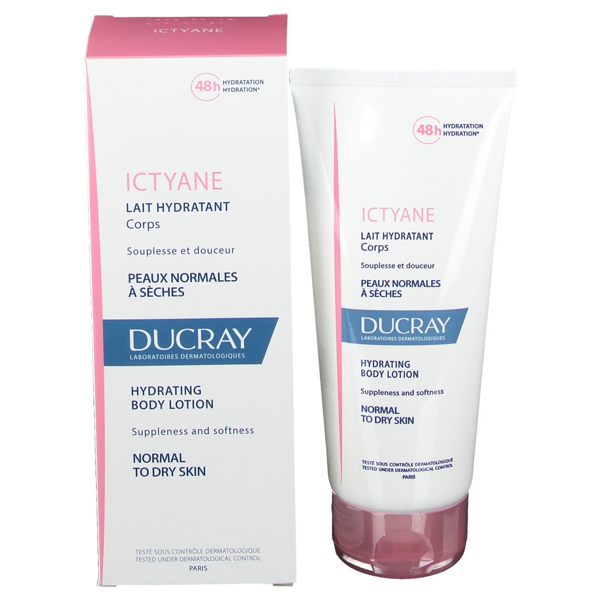 Emballage du produit : tube et boîte. Inscription : Ictyane, Lait Hydratant Corps, Peaux normales à sèches, Ducray. 48h Hydratation.