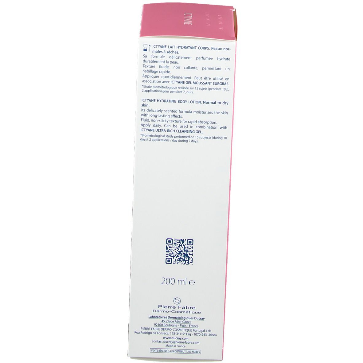 Emballage carton étroit, rose et blanc. Inscription : Ictyane, 200 ml. Informations fabricant et QR code.
