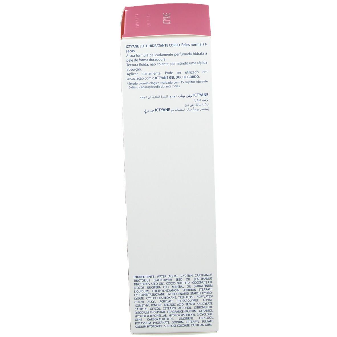 Dos de l'emballage carton. Texte multilingue. Ingrédients. Informations fabricant.