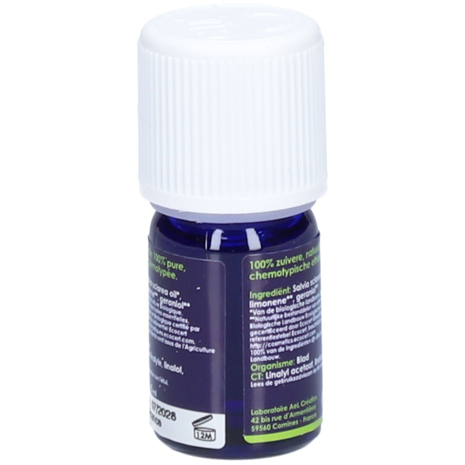 Flacon bleu avec bouchon blanc. Inscription: 100% pur, ingrédients, adresse du laboratoire.