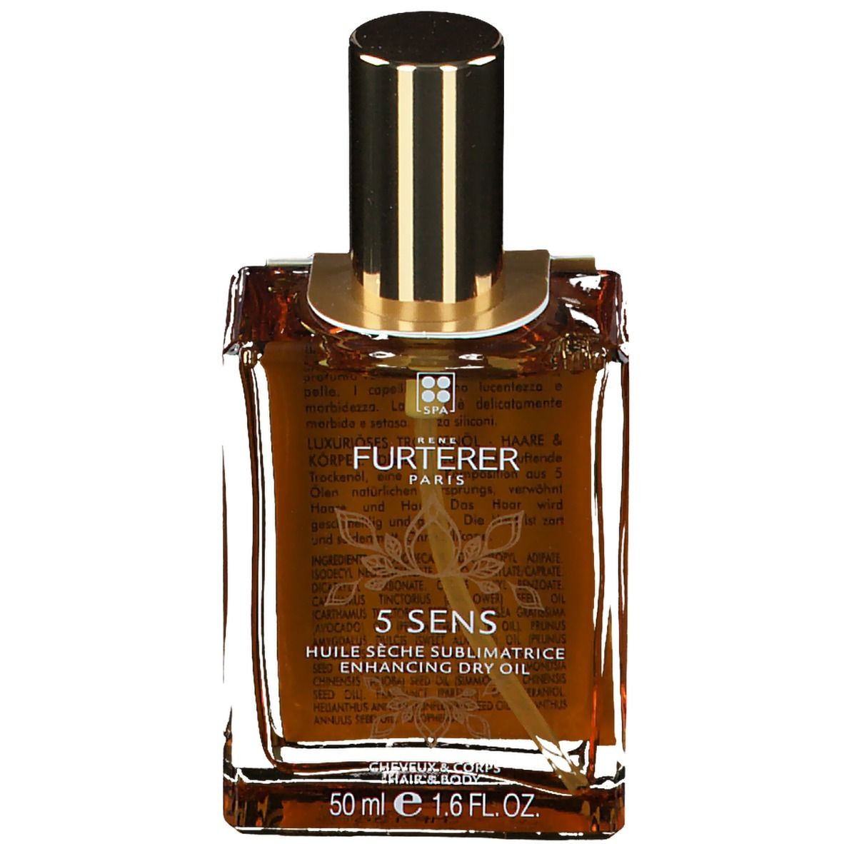Flacon avec bouchon doré. Inscription: FURTERER PARIS, 5 SENS, Huile sèche sublimatrice, Enhancing dry oil. 50 ml.