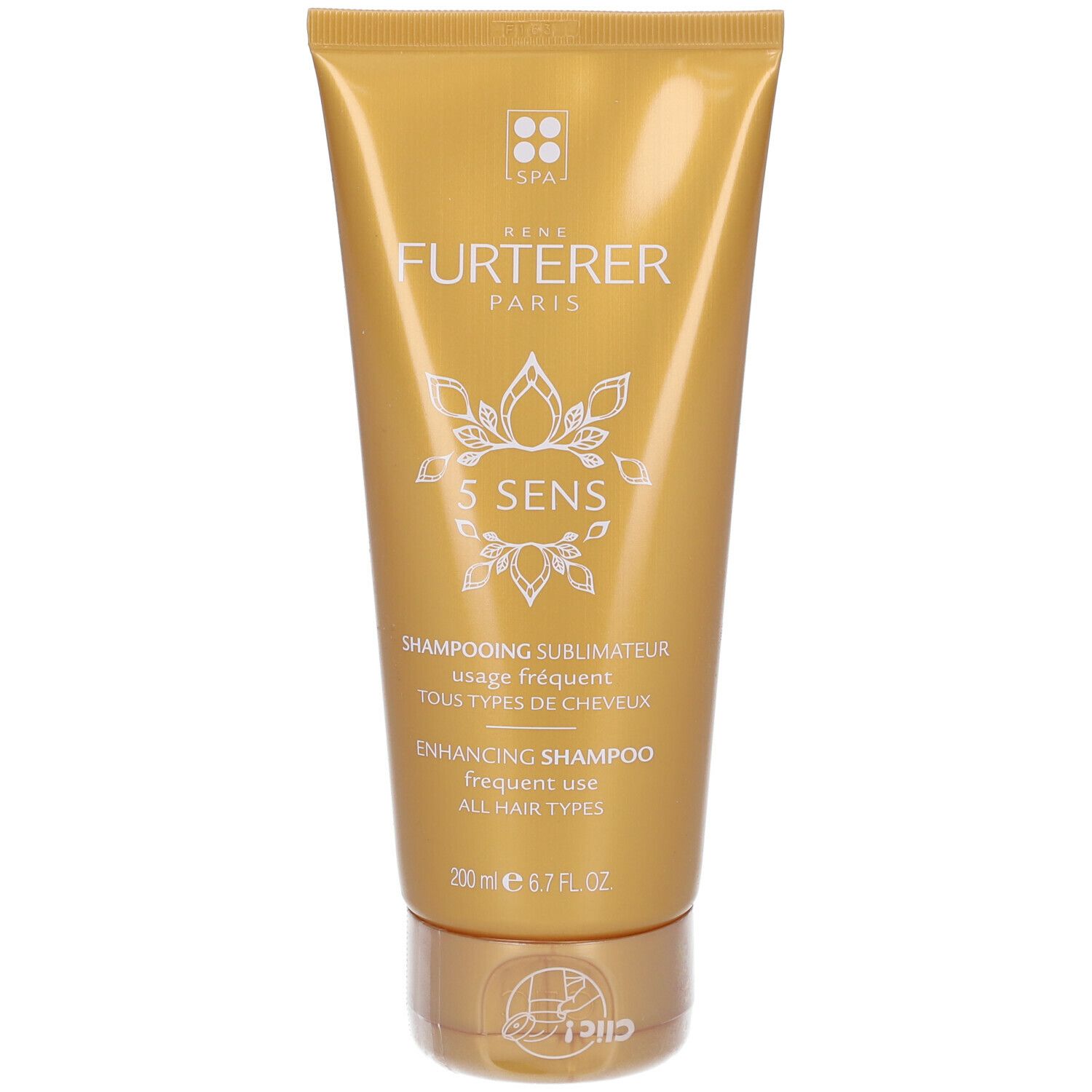 Tube doré de shampooing. Inscriptions: Furterer Paris, 5 SENS, Shampooing sublimateur, Enhancing Shampoo, 200 ml.