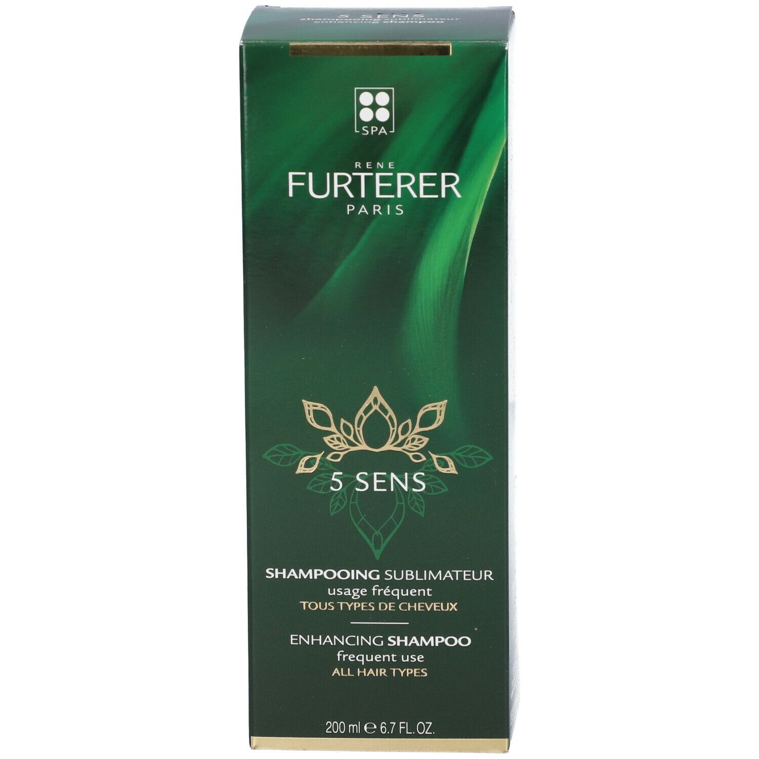 Emballage vert. Inscriptions: Furterer Paris, 5 SENS, Shampooing sublimateur, Enhancing Shampoo, 200 ml.