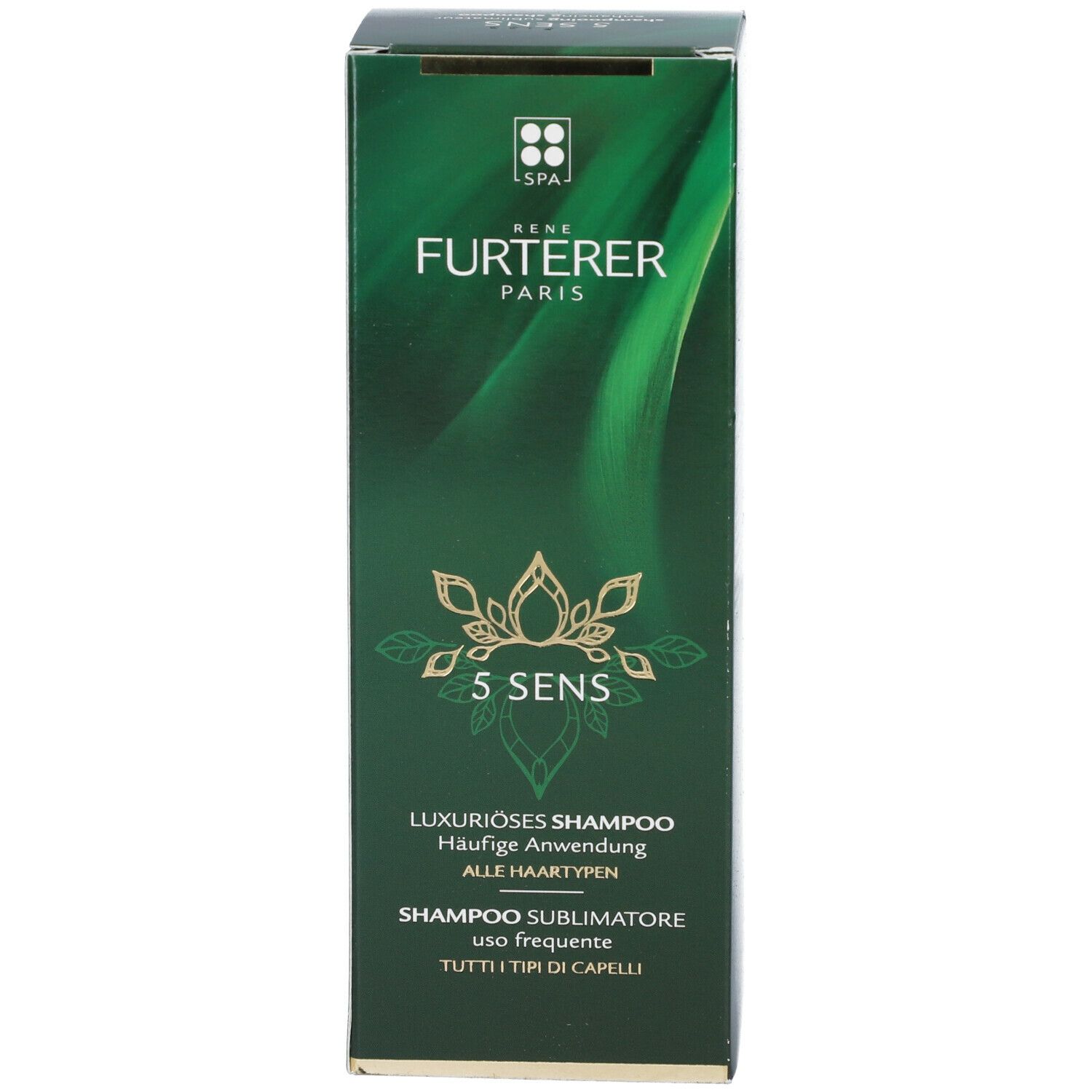 Emballage vert. Inscriptions: Furterer Paris, 5 SENS, Shampooing luxueux, 200 ml.