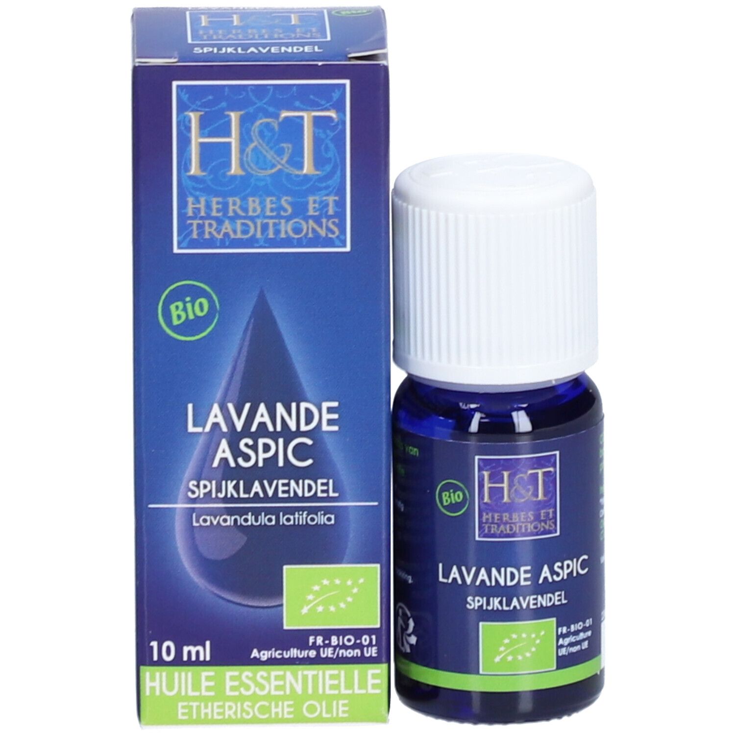 Produktverpackung mit Flasche. Blaue Schachtel, Flasche daneben. Aufschrift: Lavande Aspic, H&T Logo.