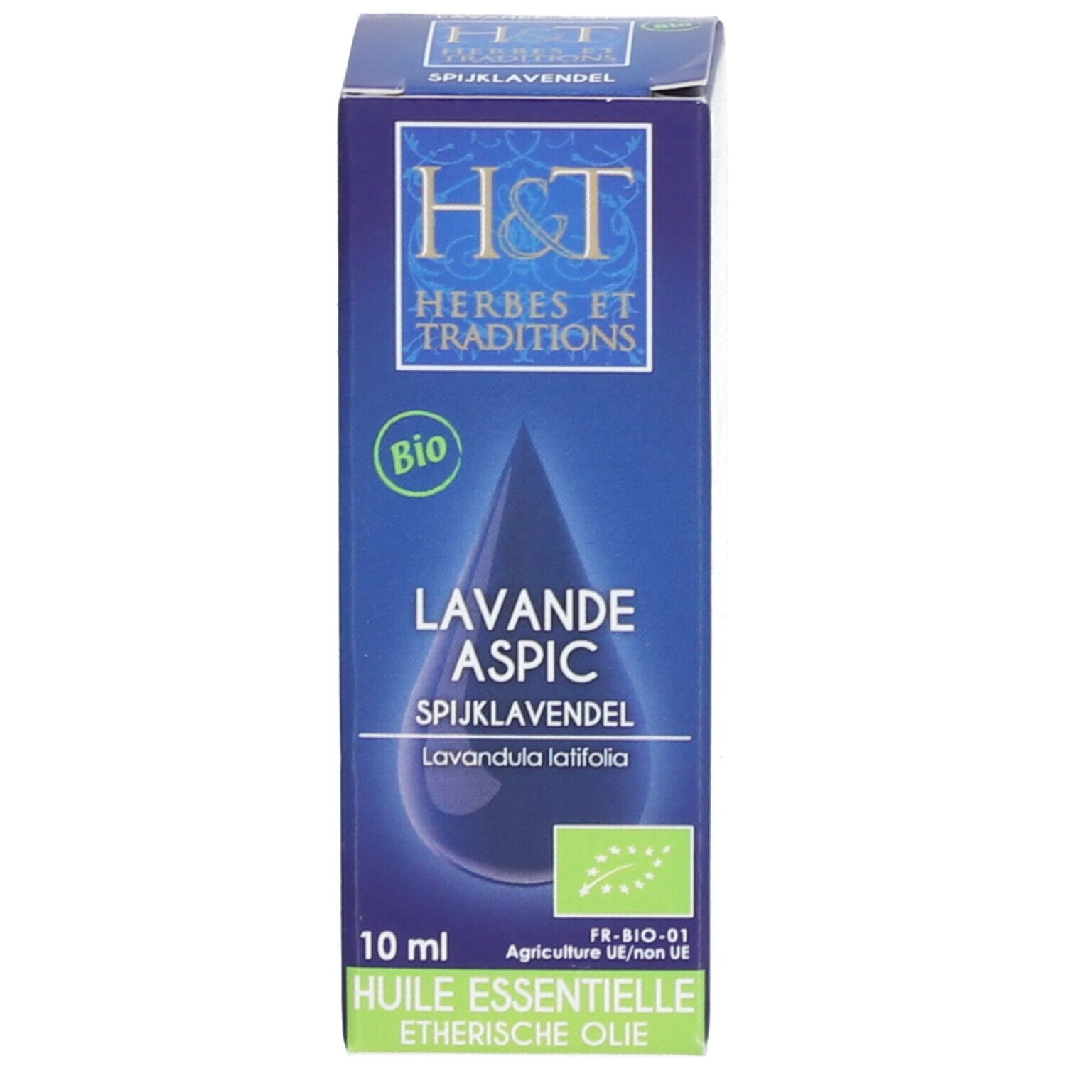Blaue Produktverpackung. Aufschrift: Lavande Aspic, H&T Logo, Bio-Siegel, 10 ml.
