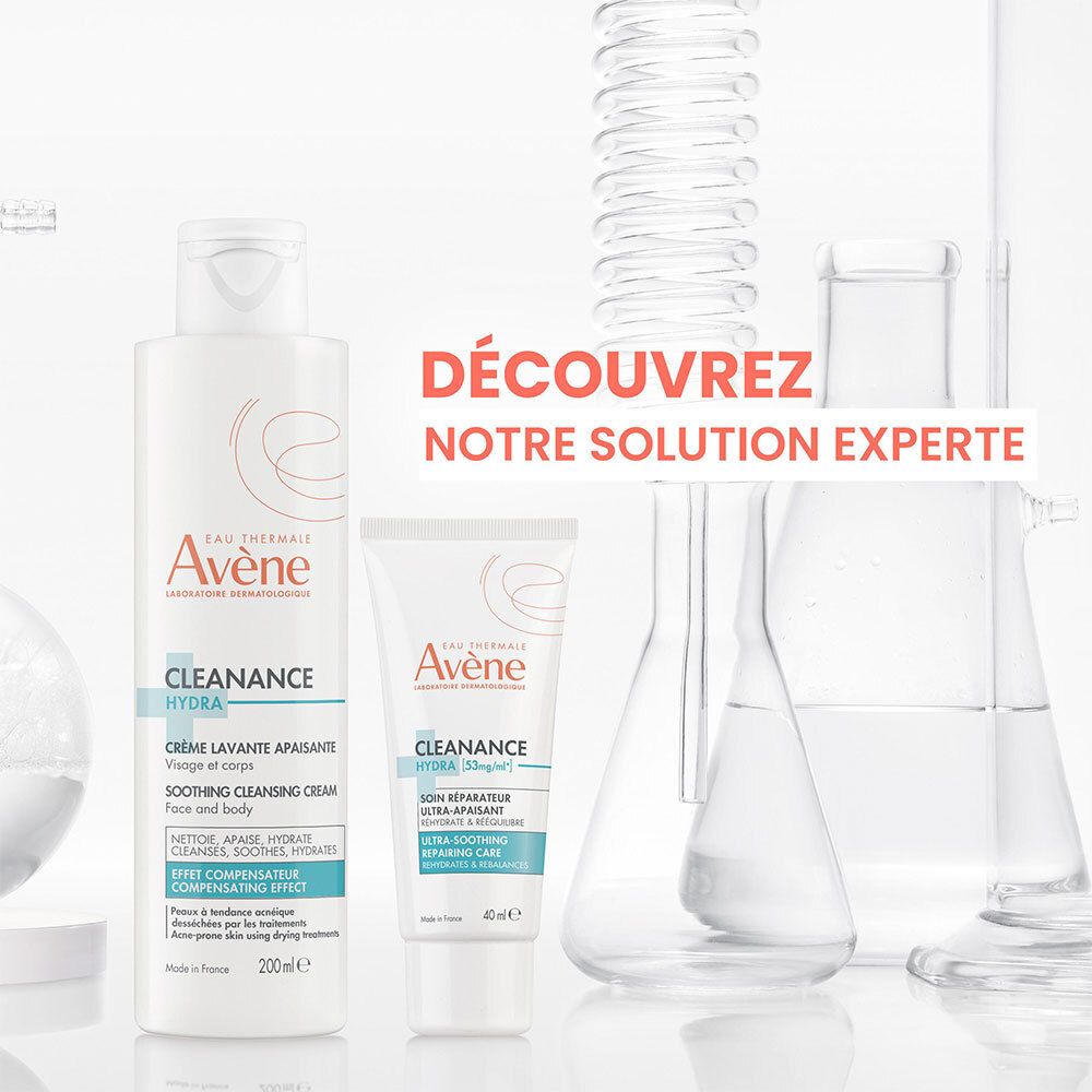 Avène Cleanance Hydra Crème nettoyante et Crème hydratante en environnement de laboratoire.