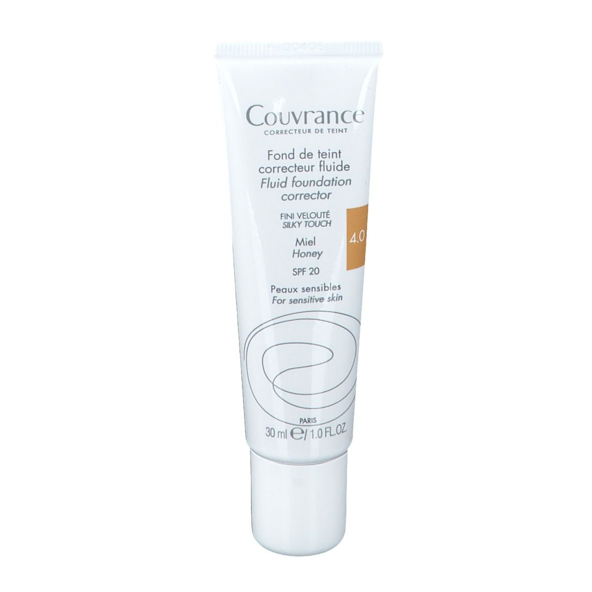 Tube blanc Couvrance, fond de teint fluide, teinte 4.0. Contient SPF 20. Pour peaux sensibles.