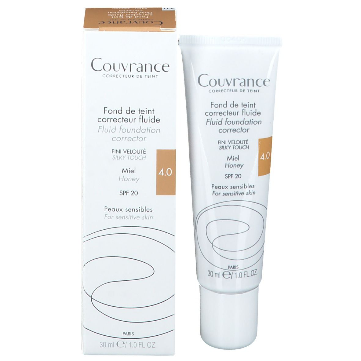 Emballage produit: tube et boîte Couvrance, fond de teint fluide, teinte 4.0. Contient SPF 20.