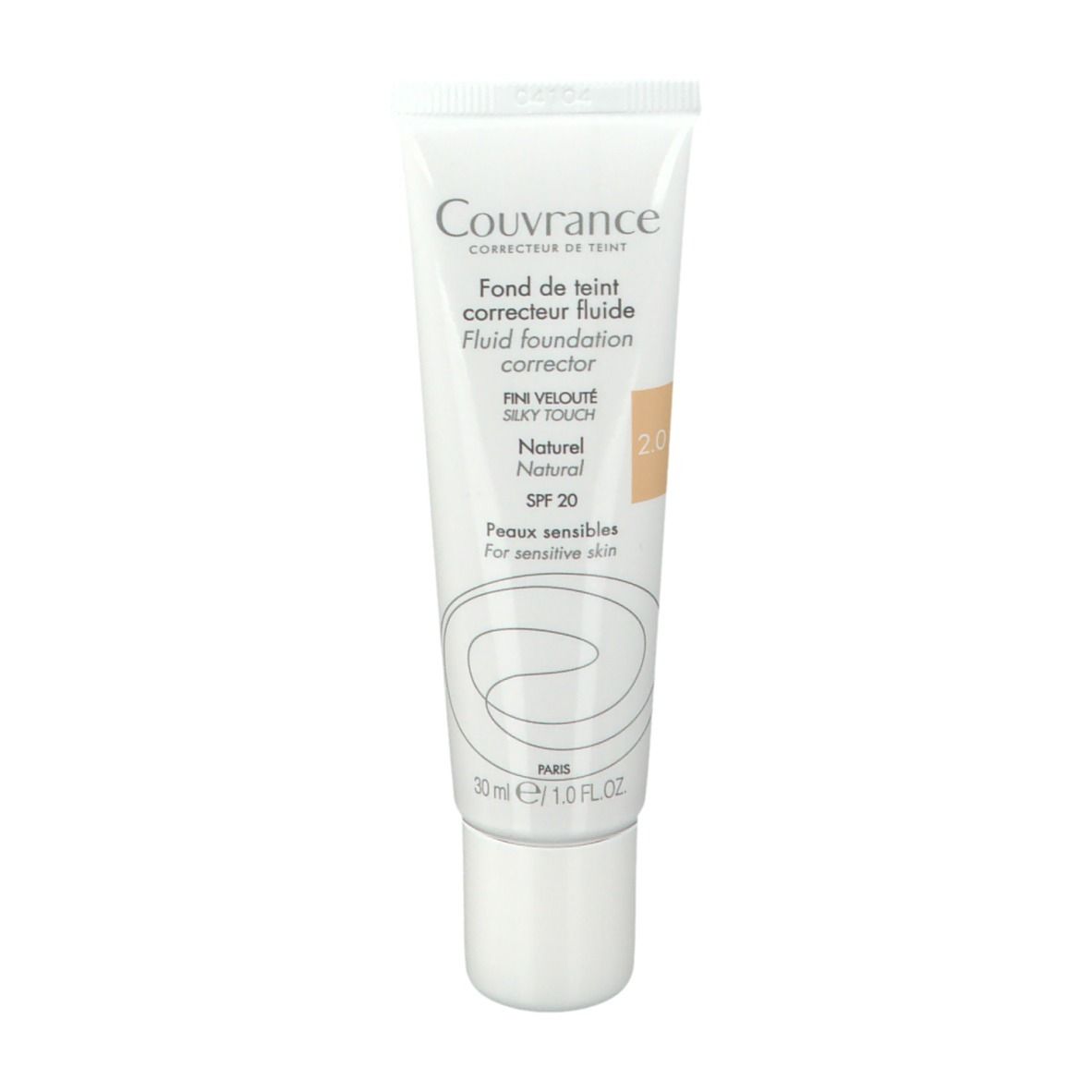 Avene Couvrance Fluid Foundation Natural 2.0 Tube. Weißer Tube mit Produktnamen und Farbton 2.0. SPF 20.