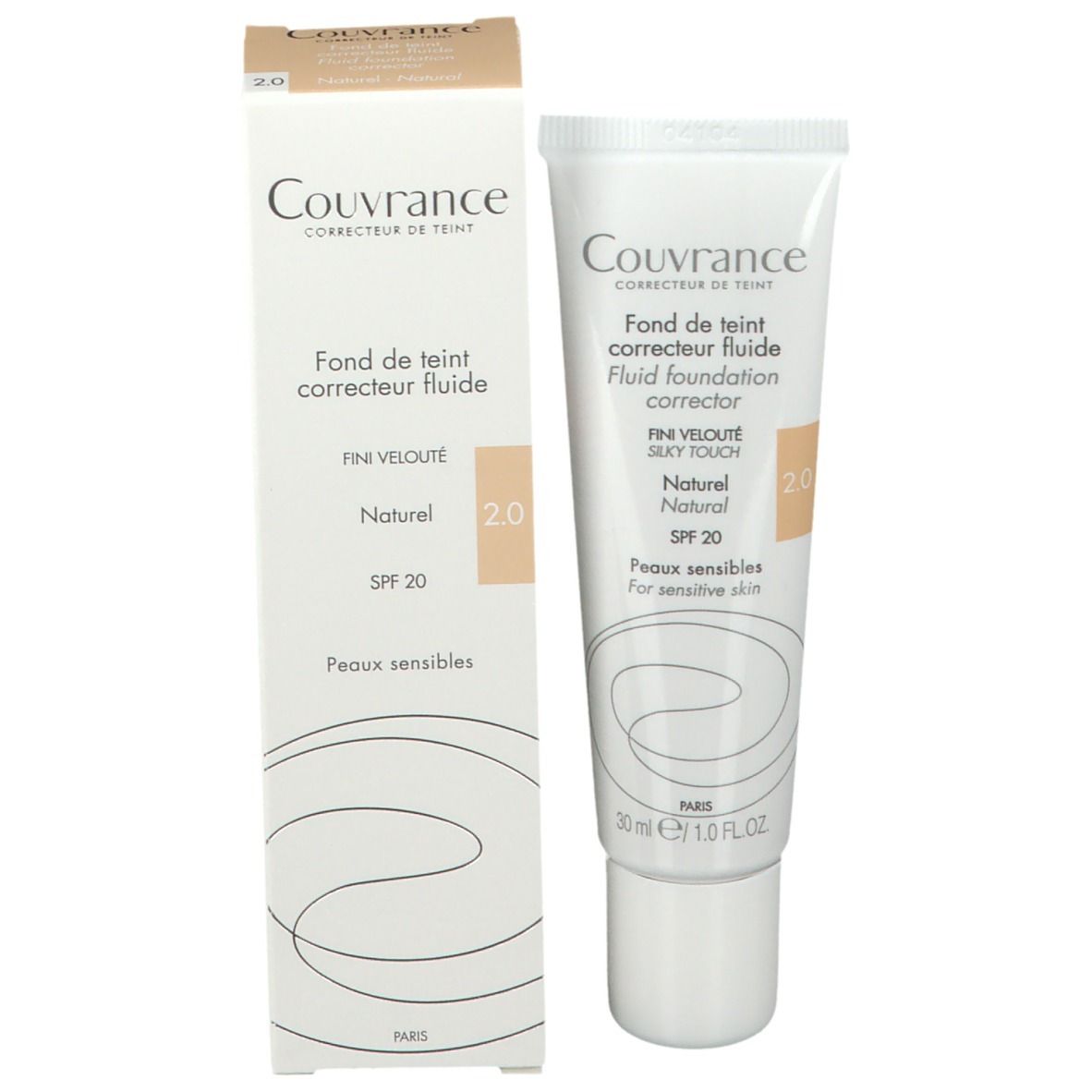 Avene Couvrance Fluid Foundation Natural 2.0. Produkt und Verpackung nebeneinander. Tube und Karton.