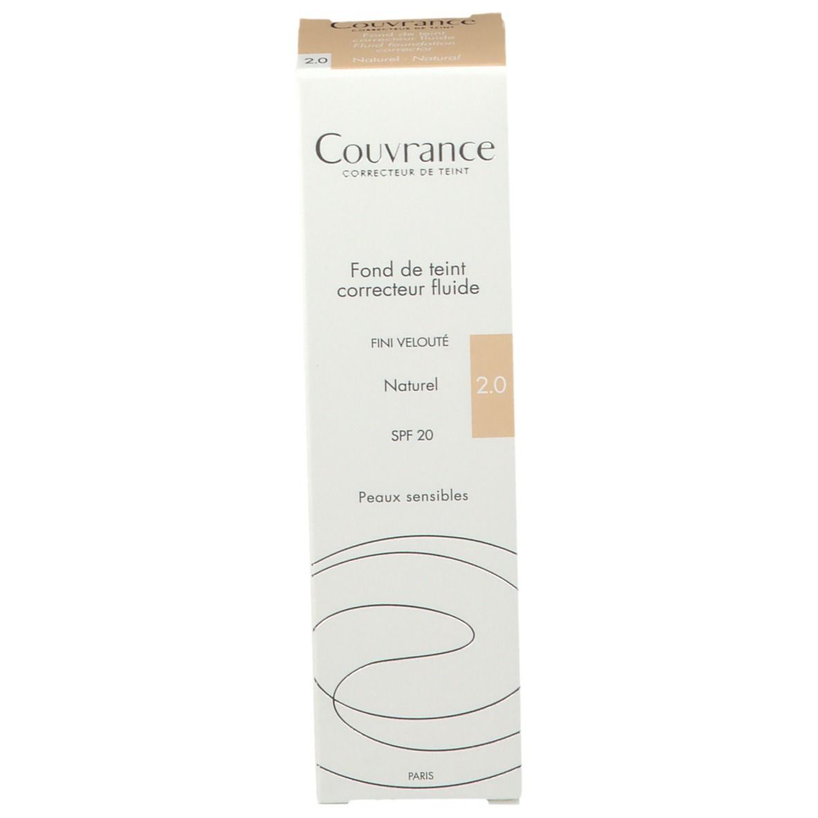Avene Couvrance Fluid Foundation Natural 2.0. Karton mit Produktnamen, Farbton 2.0 und SPF 20.