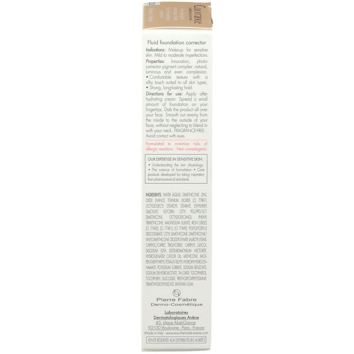 Rückseite der Avene Couvrance Fluid Foundation Verpackung. Text in mehreren Sprachen. Enthält Inhaltsstoffe und Anwendung.