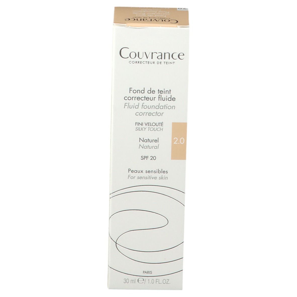 Avene Couvrance Fluid Foundation Natural 2.0. Karton mit Produktnamen, Farbton 2.0 und SPF 20.
