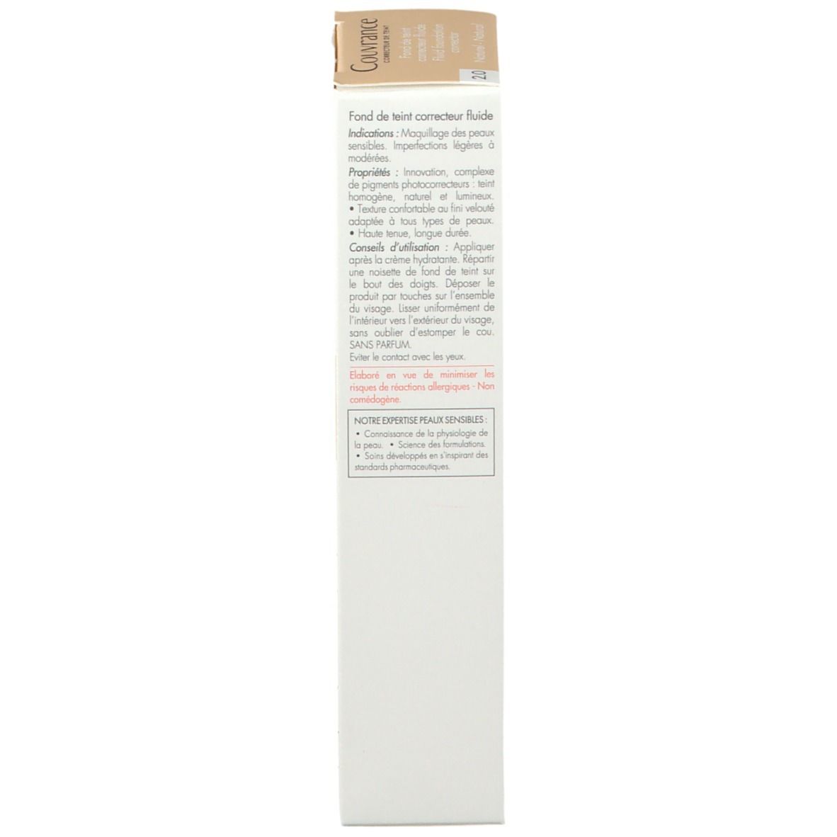 Rückseite der Avene Couvrance Fluid Foundation Verpackung. Text in mehreren Sprachen. Enthält Inhaltsstoffe und Anwendung.