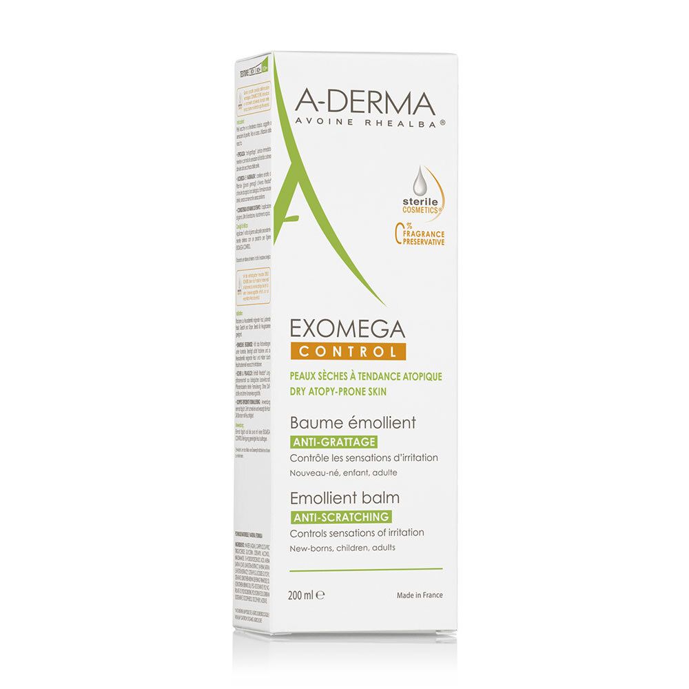 A-DERMA EXOMEGA CONTROL Balsam-Verpackung. Weiß mit grünen Akzenten. Text: EXOMEGA CONTROL, Baume émollient, Anti-Grattage, 200 ml.