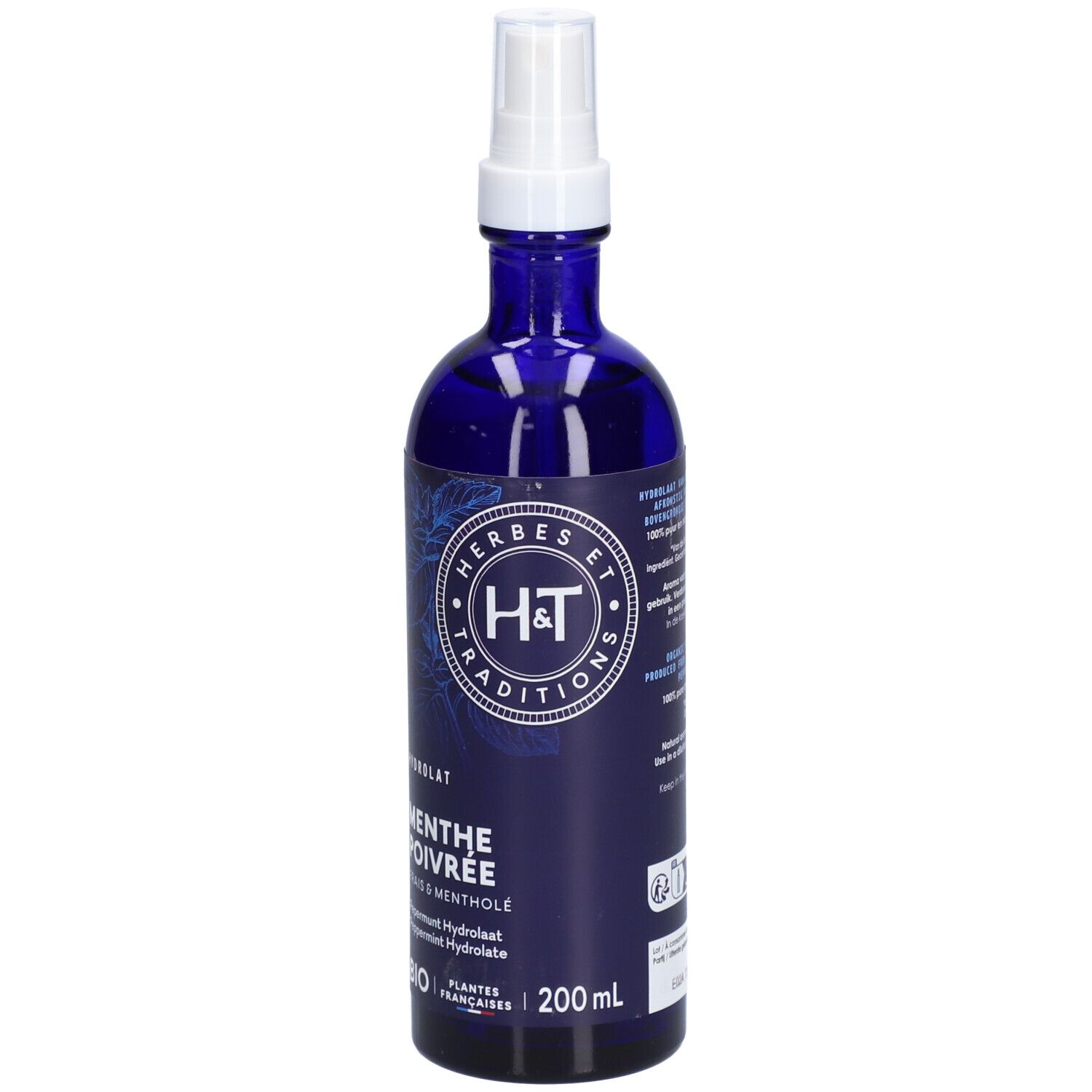 Blaue Glasflasche mit Sprühkopf. Aufschrift: H&T, Menthe poivrée, 200 ml. Bio-Zertifizierung.