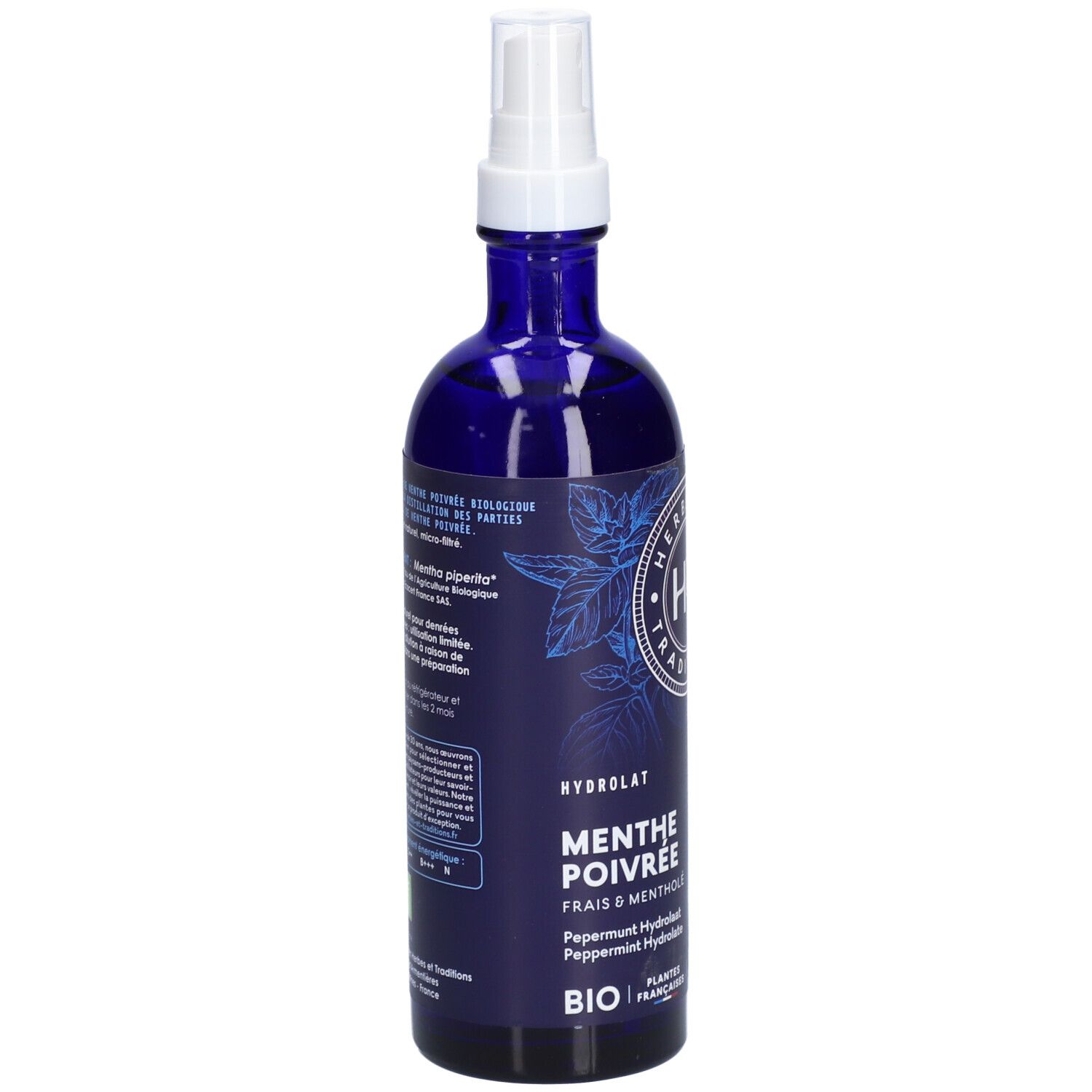 Blaue Glasflasche mit Sprühkopf. Aufschrift: H&T, Menthe poivrée, Bio. Produktbeschreibung und Inhaltsstoffe.