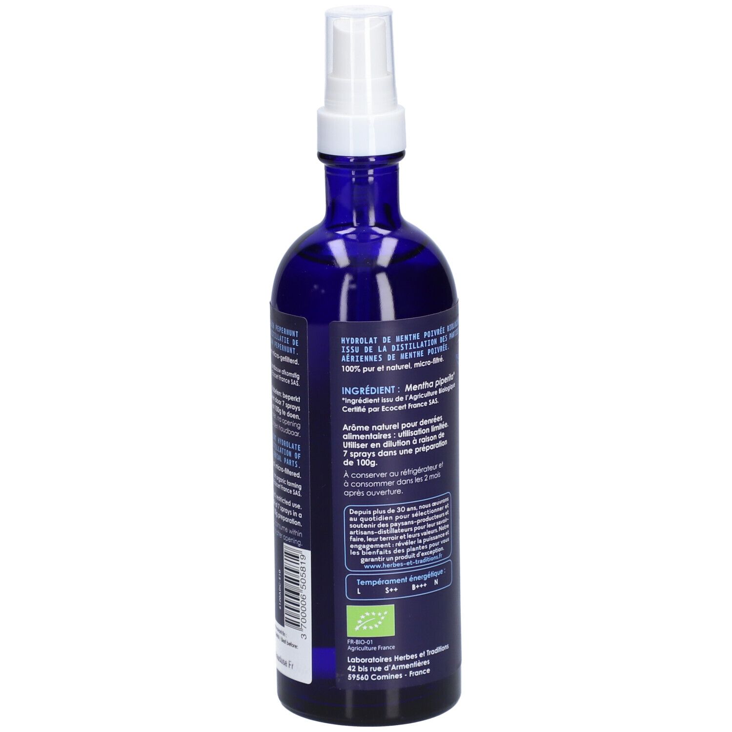 Rückseite einer blauen Glasflasche mit Sprühkopf. Text: Inhaltsstoffe, Anwendung, Bio-Zertifizierung.