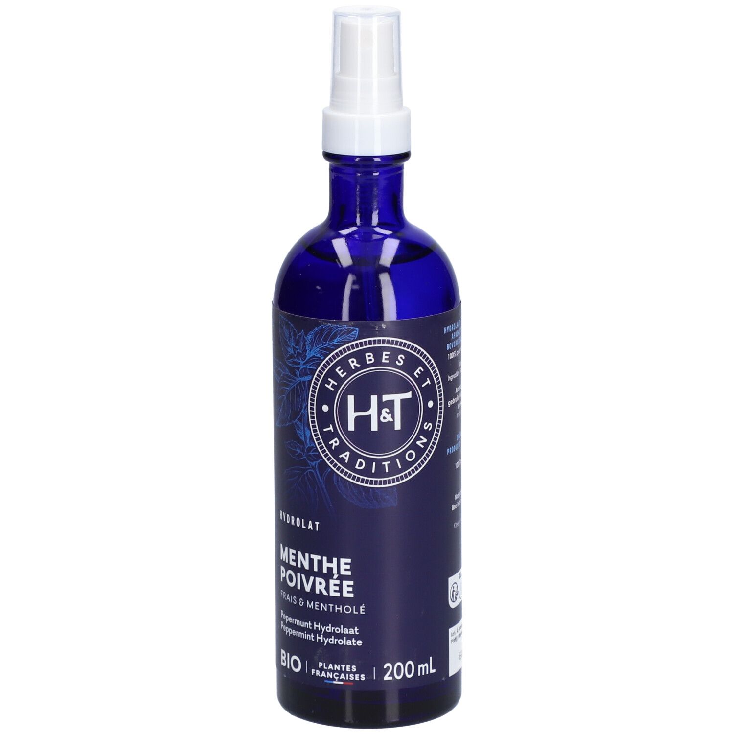 Blaue Glasflasche mit Sprühkopf. Aufschrift: H&T, Menthe poivrée, 200 ml. Bio-Zertifizierung.