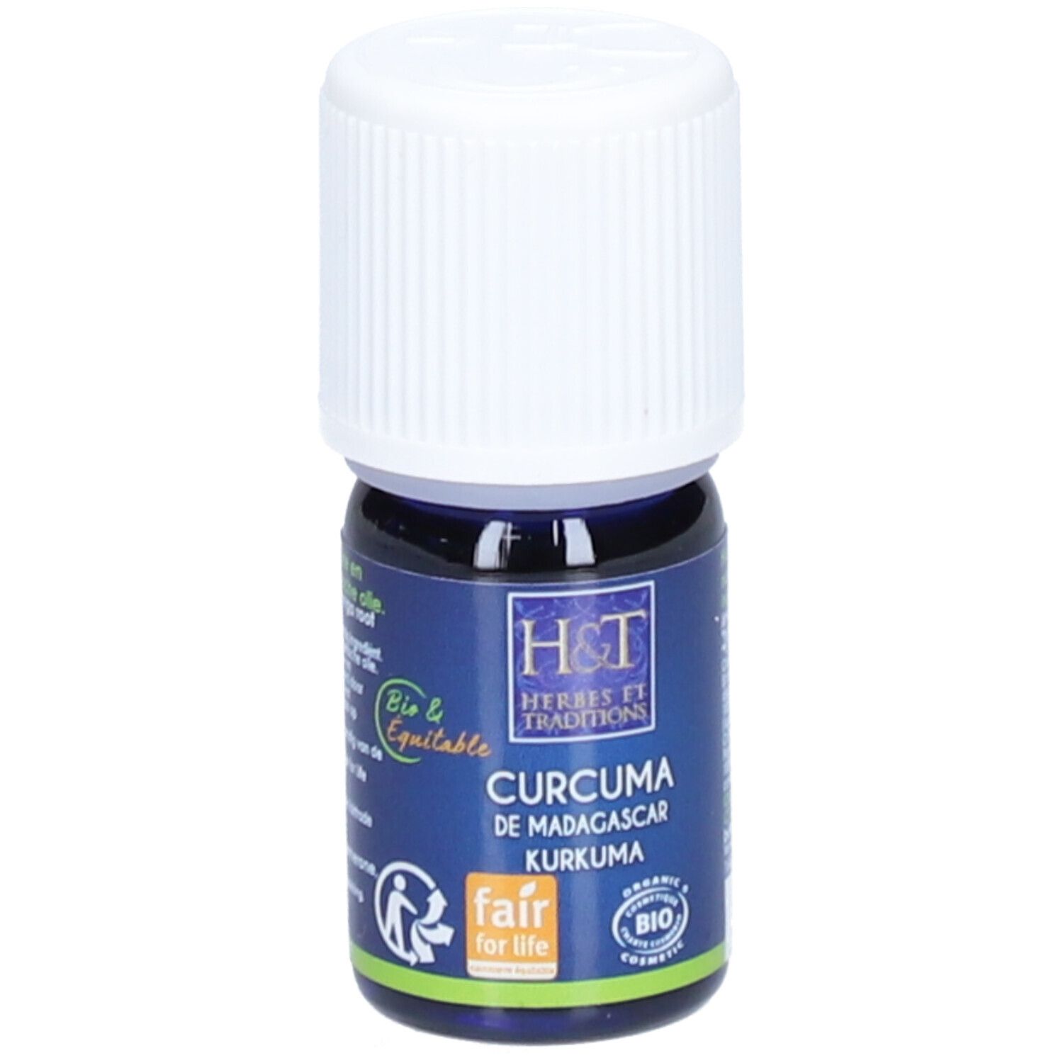 Petite bouteille avec bouchon blanc. Inscription: H&T, Curcuma de Madagascar, Kurkuma. Certification Bio & Equitable.