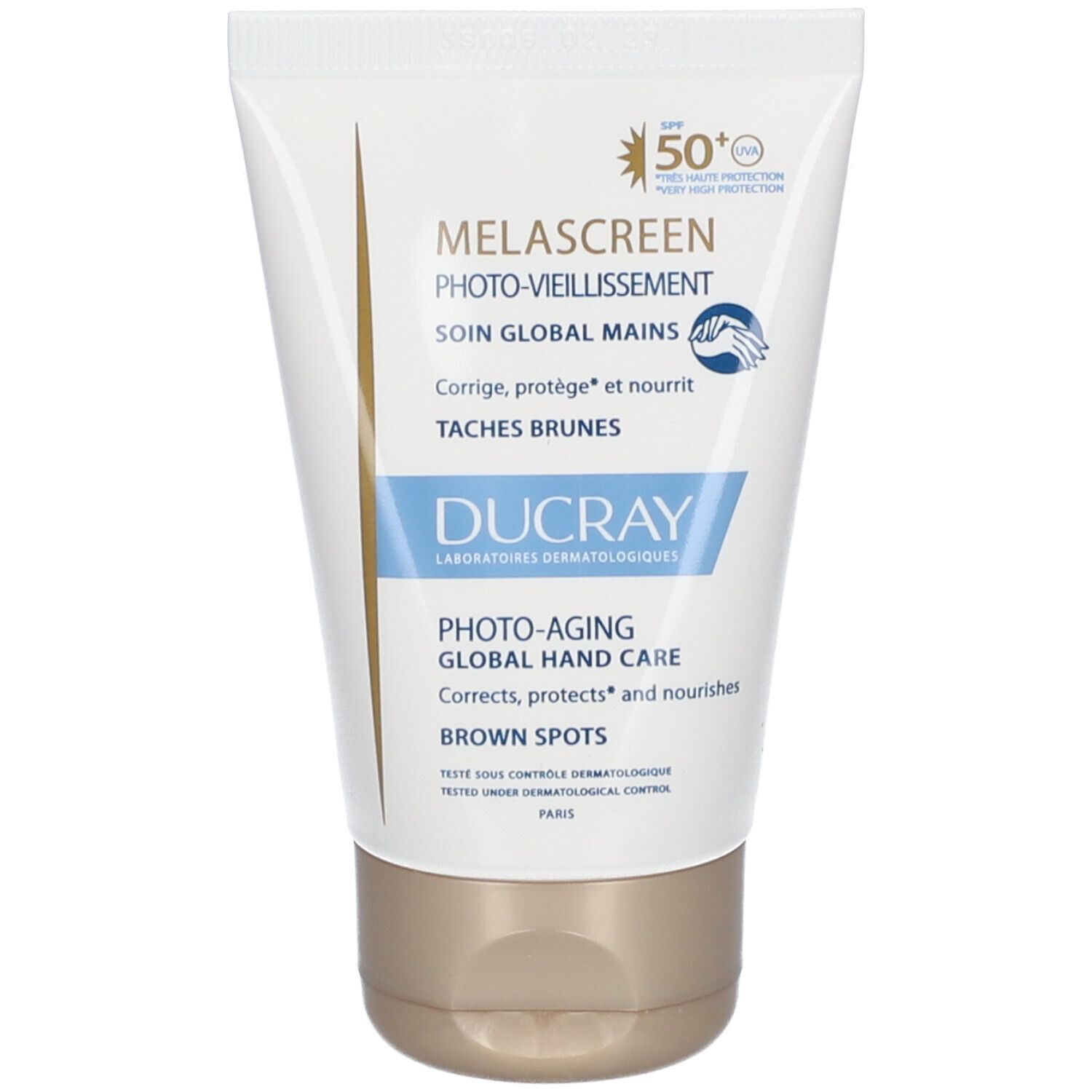 Tube de crème. Melascreen Photo-Vieillissement, Soin Global Mains. SPF 50+. Ducray.