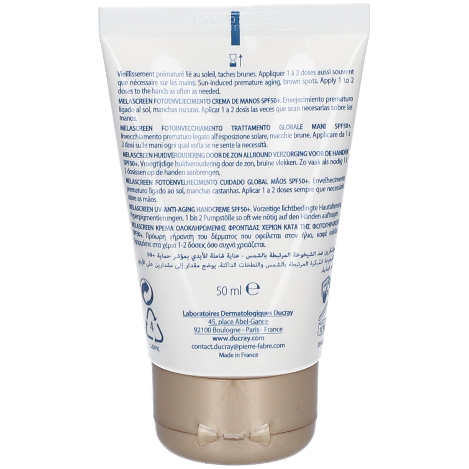 Dos du tube. Texte multilingue. 50 ml. Fabriqué en France.