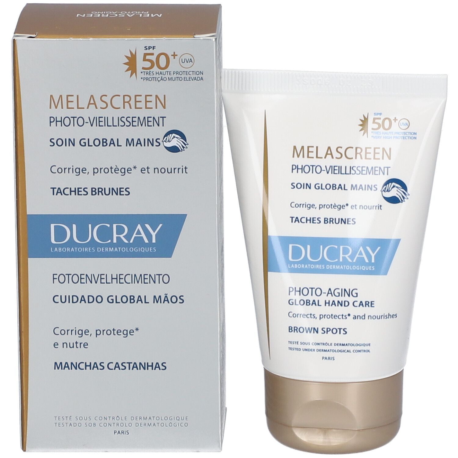 Tube et emballage. Melascreen Photo-Vieillissement, Soin Global Mains. SPF 50+. Ducray.