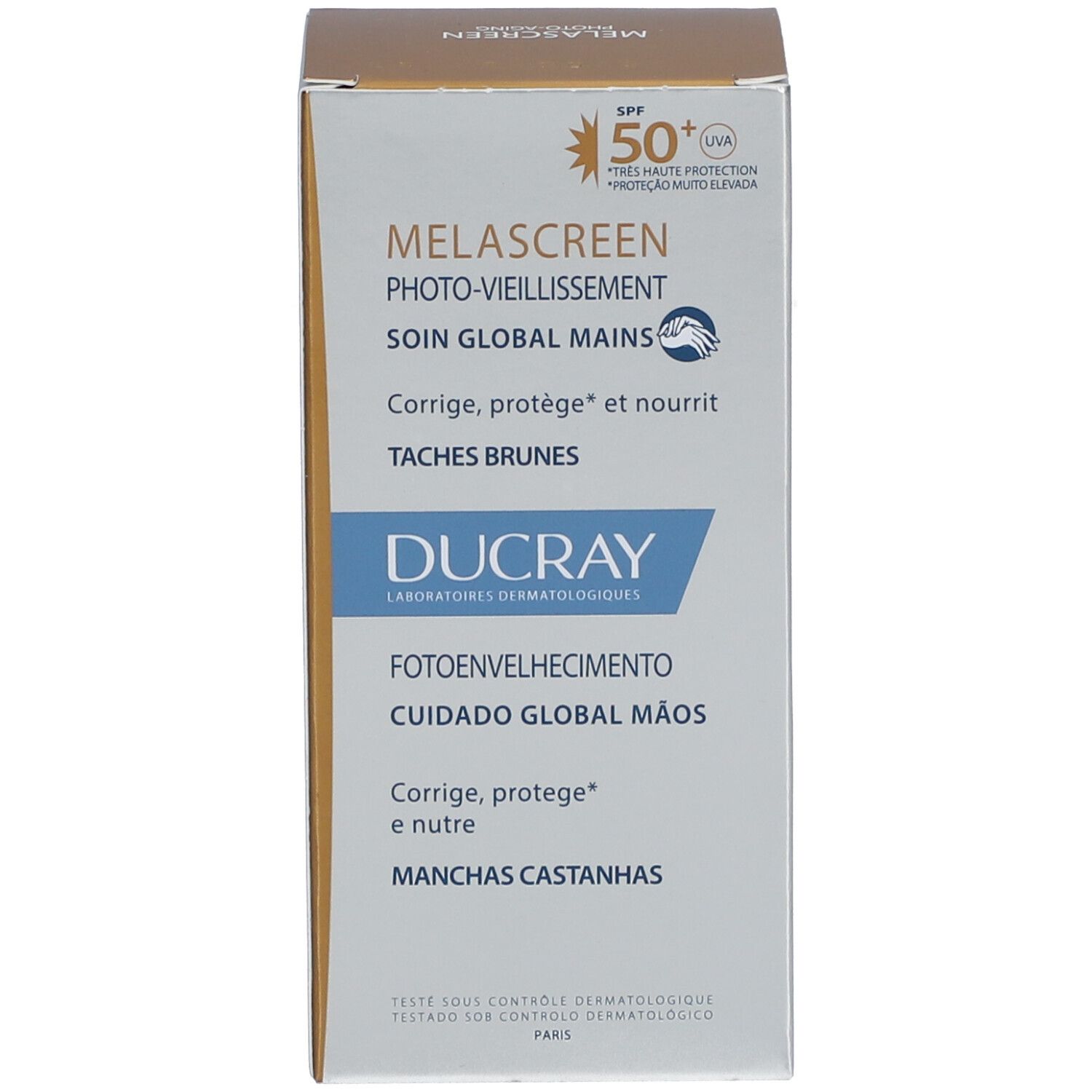 Emballage carton. Melascreen Photo-Vieillissement, Soin Global Mains. SPF 50+. Ducray.