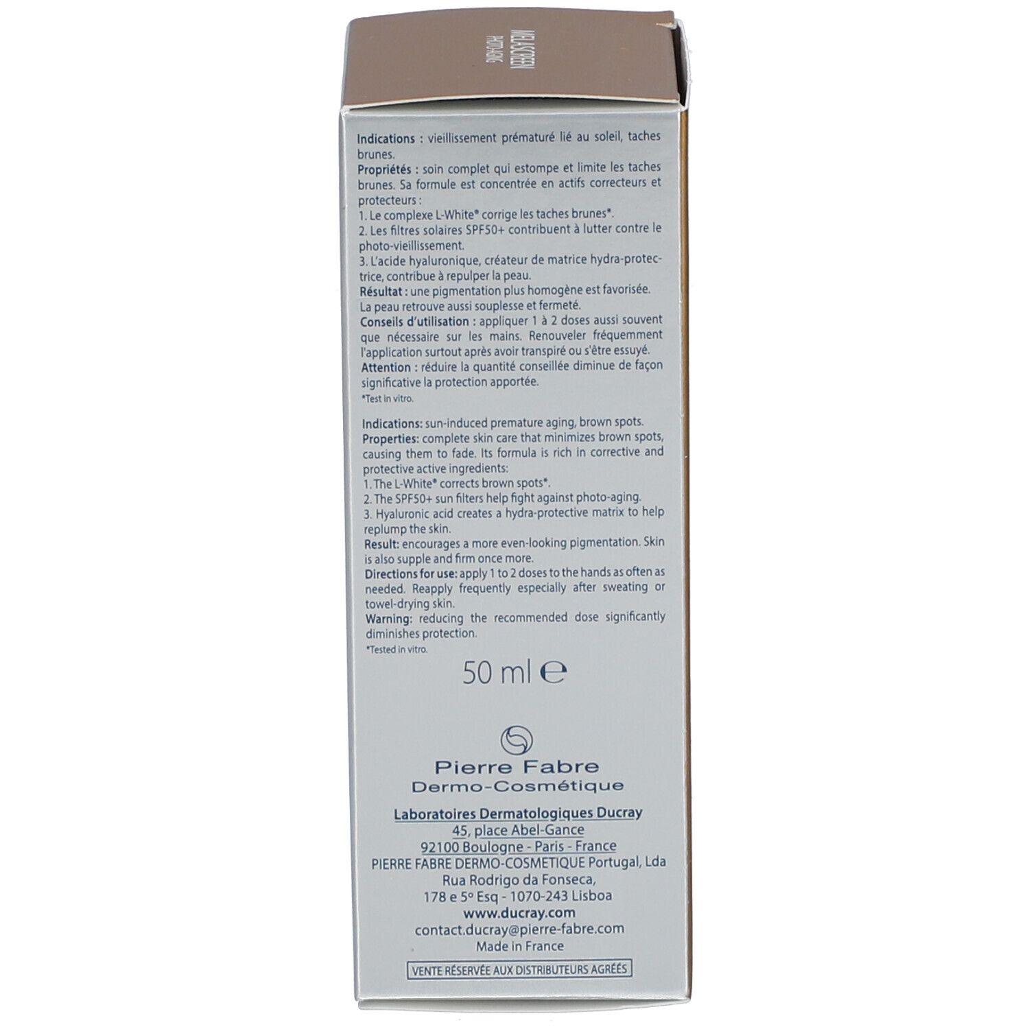 Dos de l'emballage. Texte en français. 50 ml. Informations sur la marque et les ingrédients.