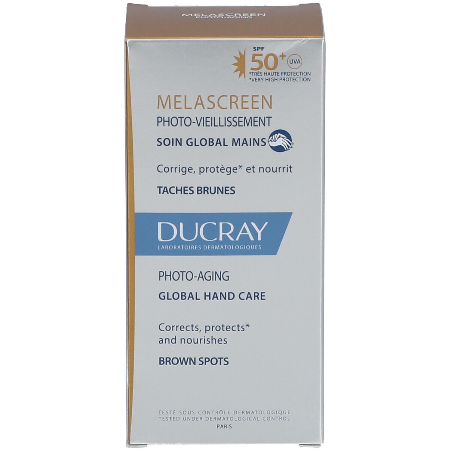 Emballage carton. Melascreen Photo-Vieillissement, Soin Global Mains. SPF 50+. Ducray.