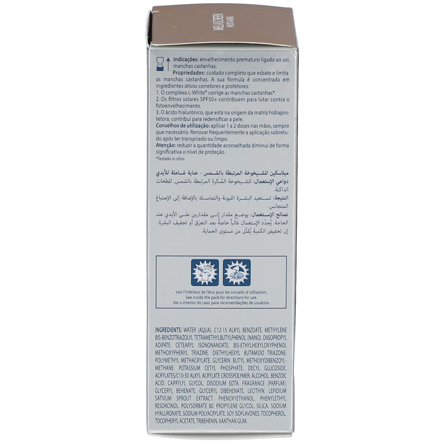 Dos de l'emballage. Texte multilingue. 50 ml. Ingrédients.