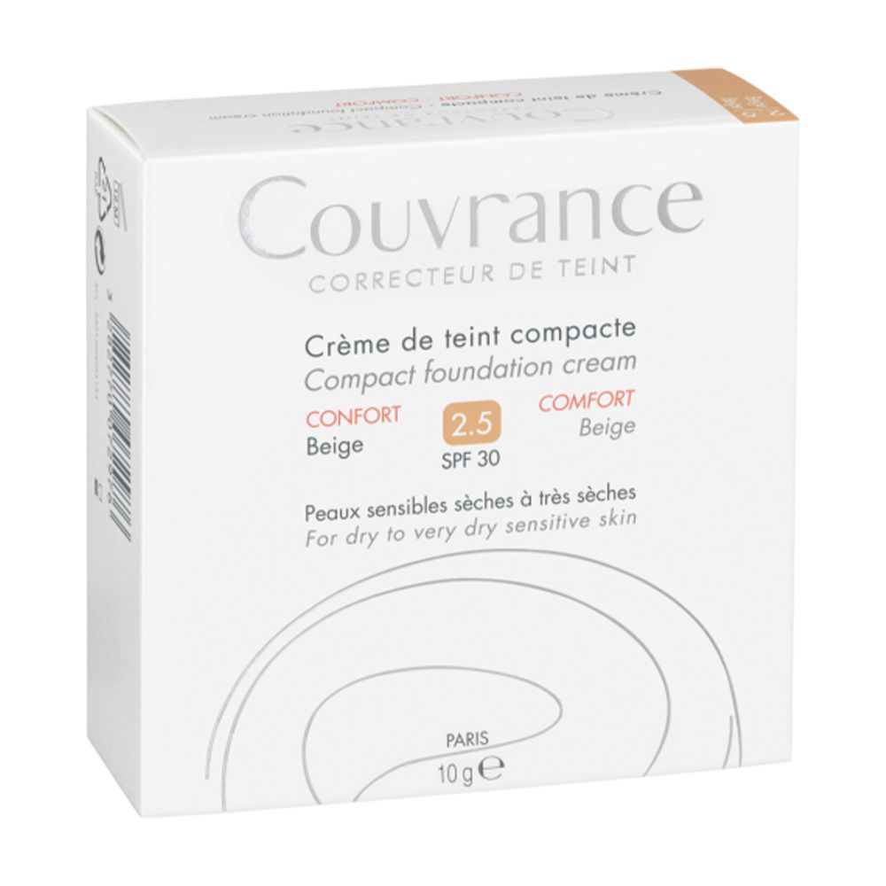 Weiße Verpackung mit Produktnamen Couvrance. Aufschrift: Crème de teint compacte, Compact foundation cream, Beige, SPF 30.