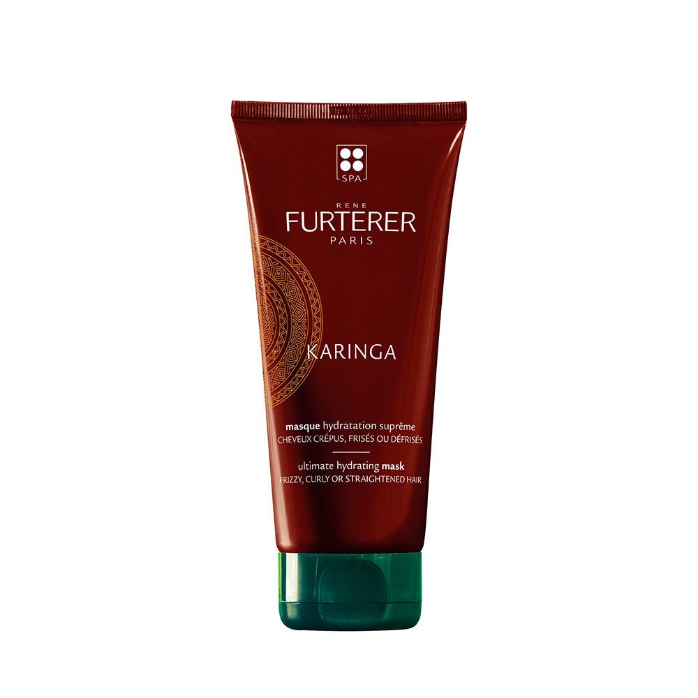 Braune Tube mit grüner Kappe. Aufschrift: Rene Furterer, Karinga. Text: Ultimate hydrating mask.