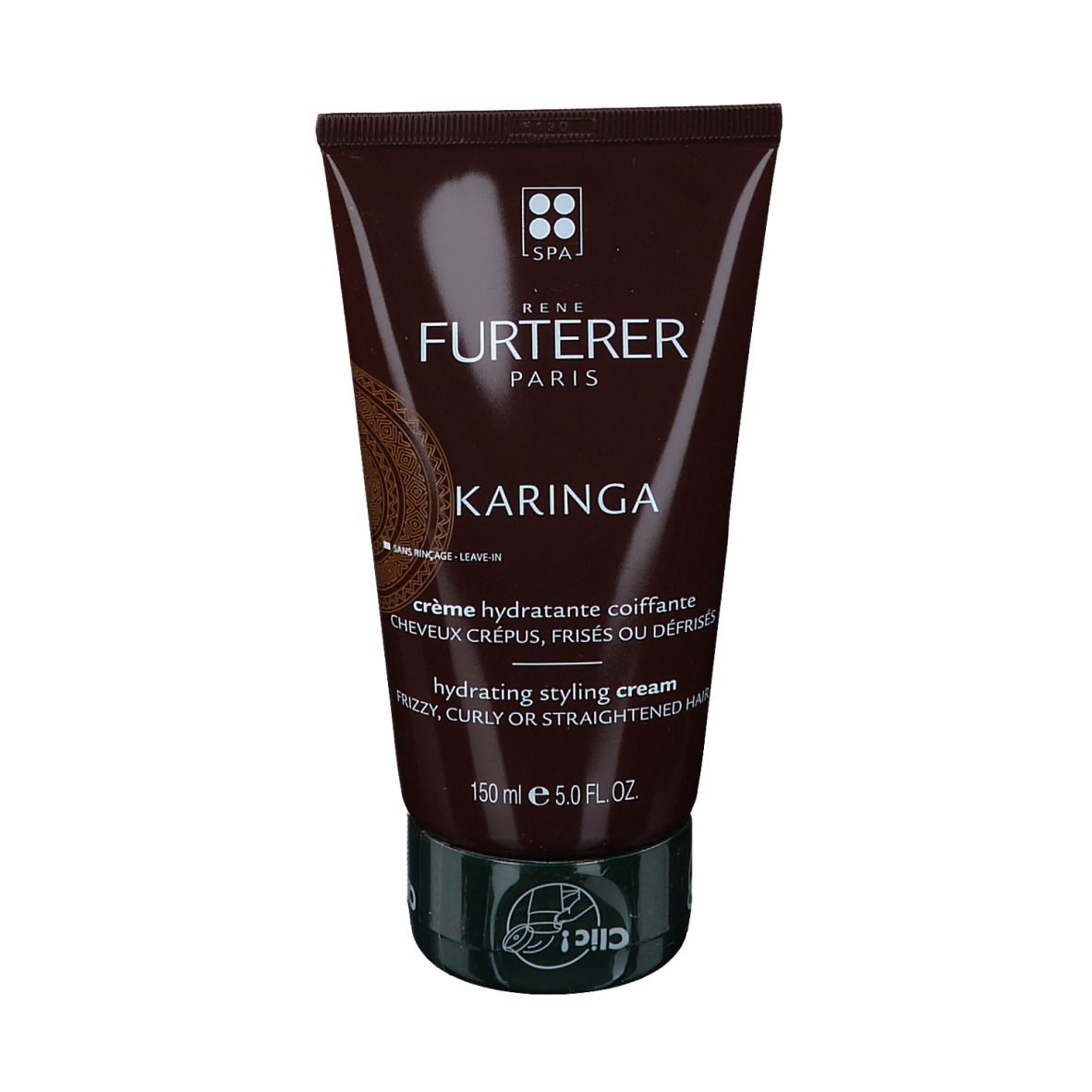 Braune Tube mit grüner Kappe. Aufschrift: René Furterer Paris, Karinga, hydratisierende Stylingcreme, 150 ml.