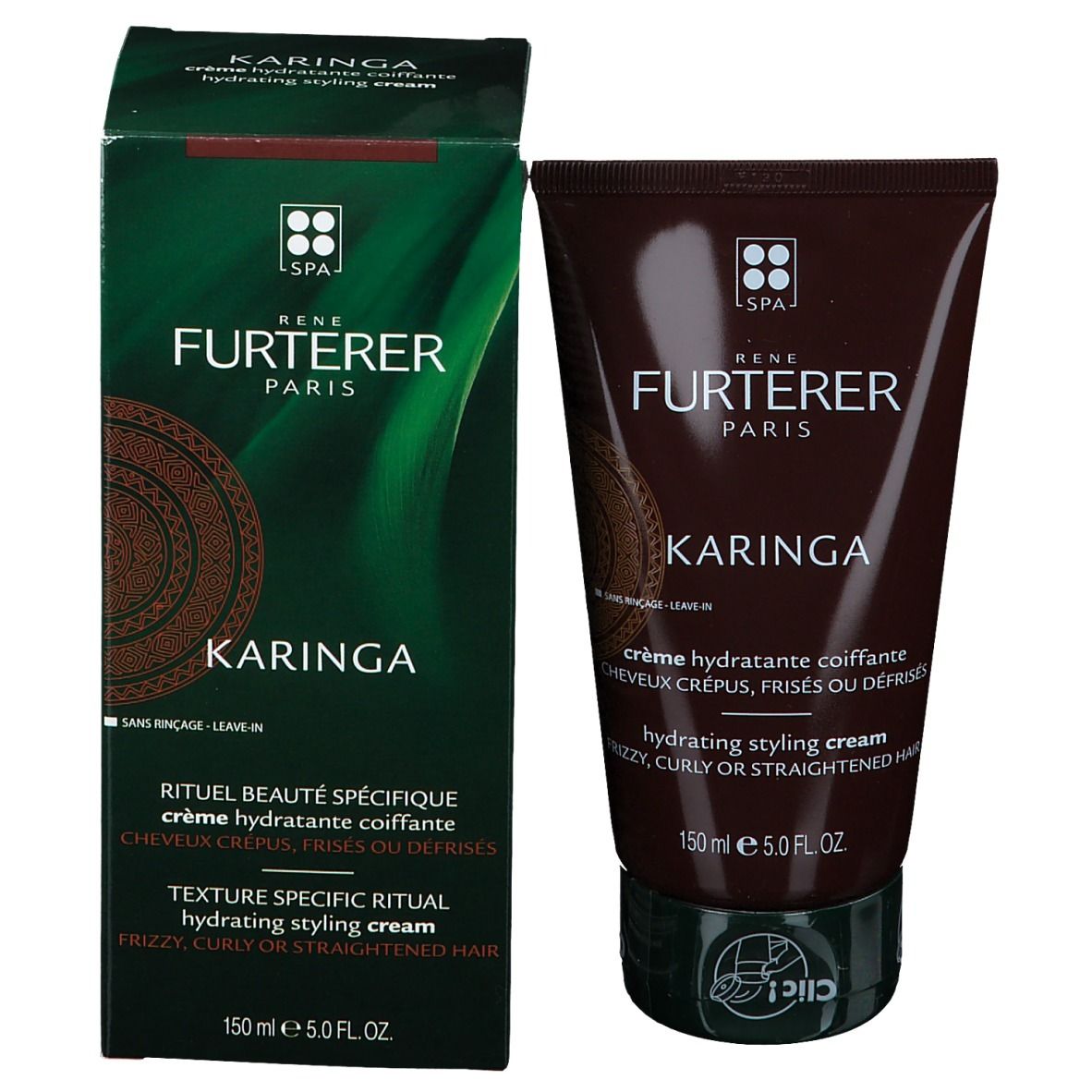 Produktverpackung und Tube. Aufschrift: René Furterer Paris, Karinga, hydratisierende Stylingcreme, 150 ml.